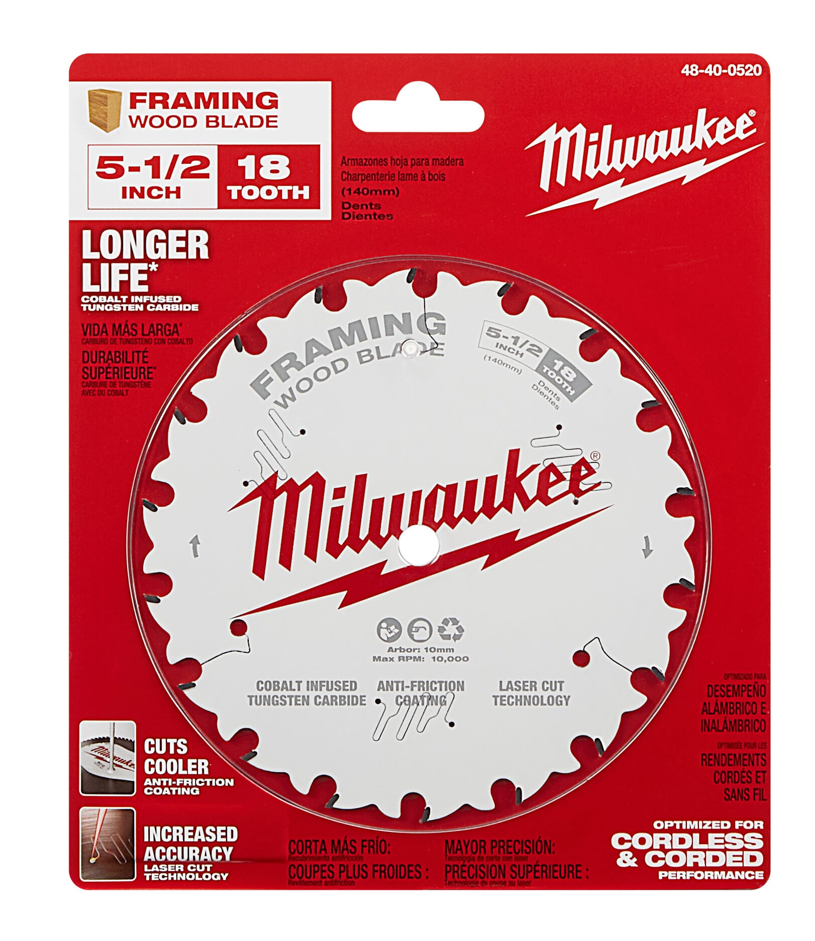 Milwaukee® 48-40-0520 Framing Thin Kerf Circular Saw Blade, 5-1/2 in Dia x 1.05 in THK, 10 mm Arbor, Carbide Blade, 18 Teeth